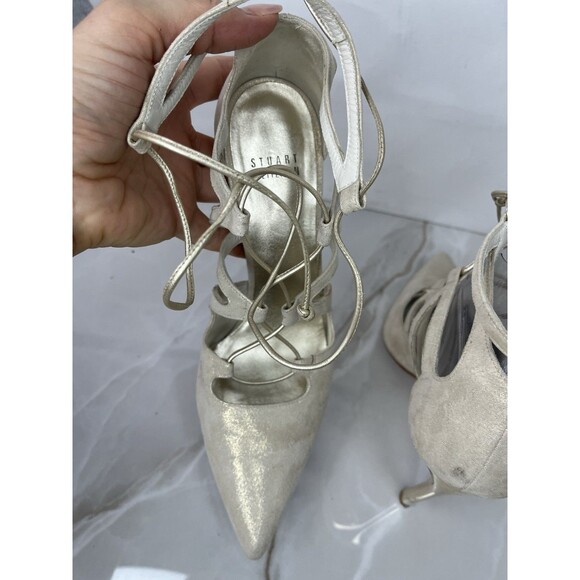 STUART WEITZMAN Excite Gold Suede Pumps Ulta Hi Stiletto Heels Leather Sz 7.5 M - Picture 10 of 15